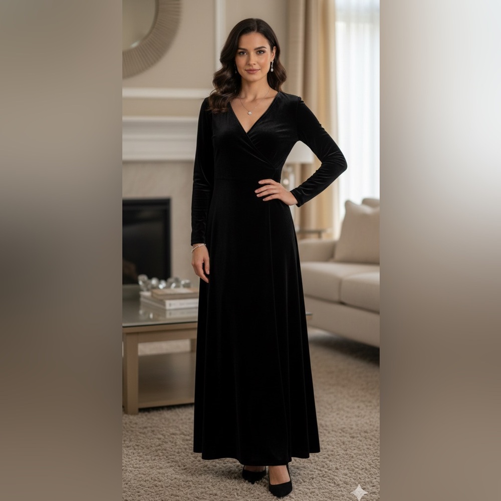 Eddie Bauer‎ Black Velvet Long Sleeve V Neck Dress Large Petite Edgy Whimsigoth
